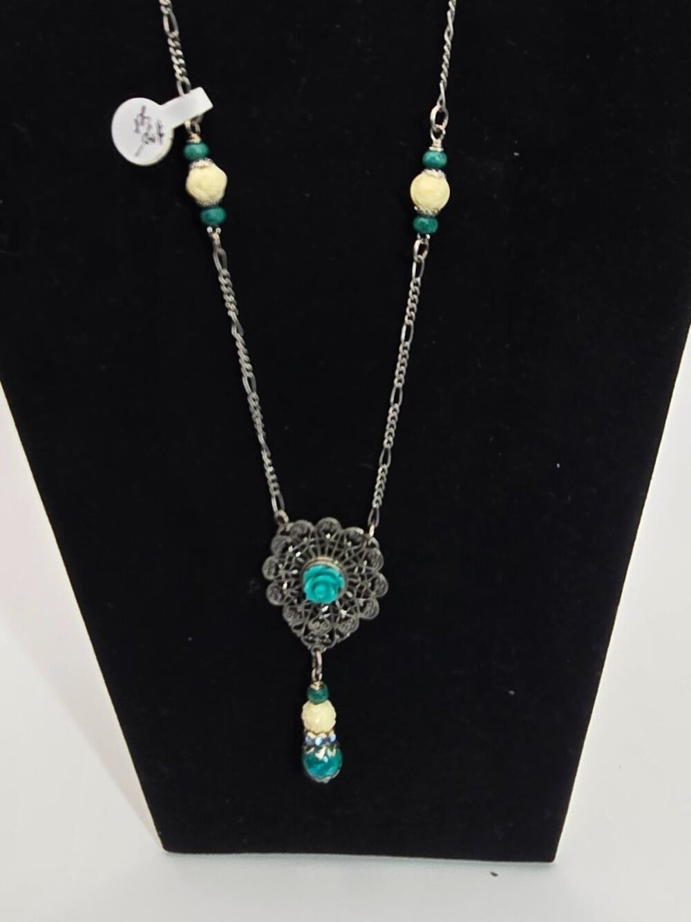 B'Sue 1928 Turquoise Floral Silvertone Necklace & Earring Set Handmade